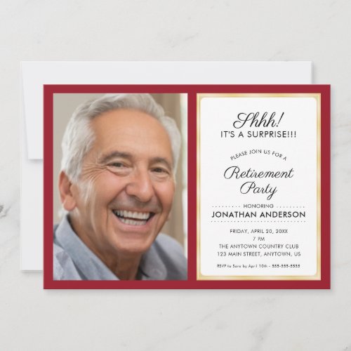 Photo Surprise Retirement Party  Red and Gold Invitation