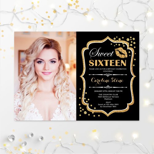 Photo Sweet 16 Birthday _ Gold Black Kiss  Invitation