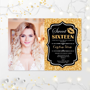 Photo Sweet 16 Birthday - Kiss Gold Black Invitation