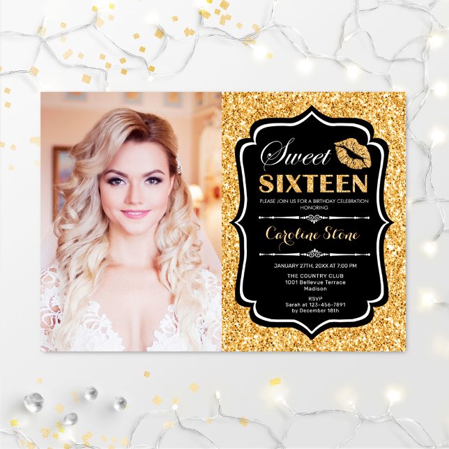 Photo Sweet 16 Birthday - Kiss Gold Black Invitation (Creator Uploaded)