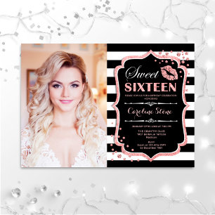 Photo Sweet 16 Birthday - Kiss Rose Gold Black Invitation