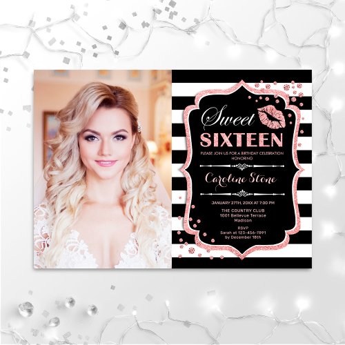 Photo Sweet 16 Birthday _ Kiss Rose Gold Black Invitation