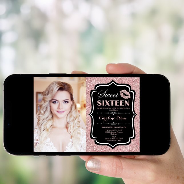 Photo Sweet 16 Birthday -  Kiss Rose Gold Black Invitation (Front Digital)