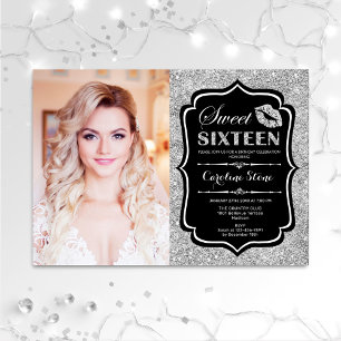Photo Sweet 16 Birthday - Kiss Silver Black Invitation