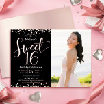 Photo Sweet 16 Birthday Modern Real Rose Gold Foil Invitation<br><div class="desc">“Happy Sweet 16”. Send out this stunning, sparkly, girly, festive, modern, personalized, custom photo real gold foil party invitation for an event to remember. Rose gold script typography and confetti overlay a black background on the left half of the card. A custom photo of the birthday girl is on the...</div>