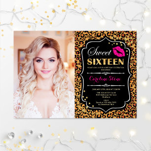 Photo Sweet 16 Birthday - Pink Kiss Leopard Print Invitation