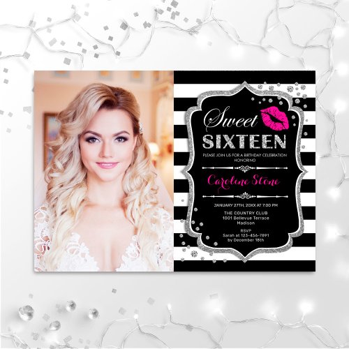 Photo Sweet 16 Birthday _ Pink Kiss Silver Black Invitation