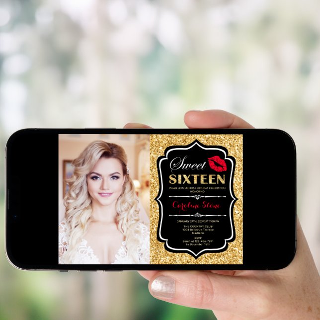 Photo Sweet 16 Birthday Red Kiss Gold Black Invitation (Front Digital)