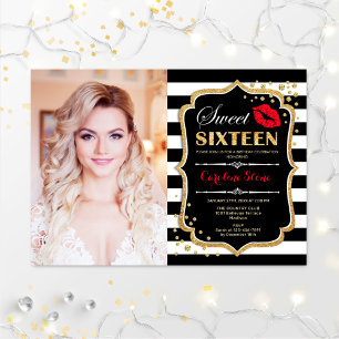 Photo Sweet 16 Birthday - Red Kiss Gold Black Invitation
