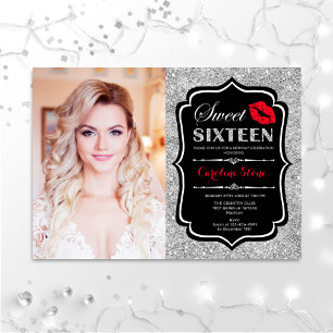 Photo Sweet 16 Birthday Red Kiss Silver Black Invi Invitation