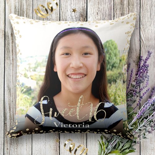 Photo Sweet 16 Black Gold Glitter Modern Birthday Throw Pillow