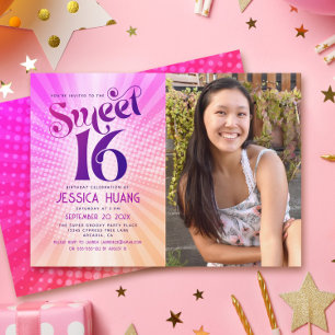 Photo Sweet 16 Groovy Pink Orange Gradient Retro Invitation