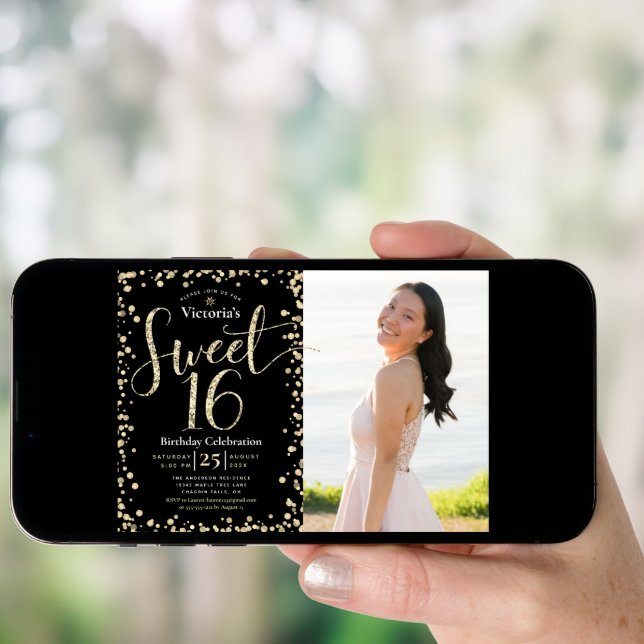 Photo Sweet 16 Modern Black Gold Glitter Birthday Invitation (Front Digital)