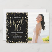 Photo Sweet 16 Modern Black Gold Glitter Birthday Invitation (Front)