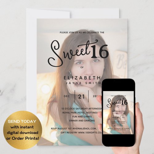 PHOTO SWEET 16 Modern Elegant Budget Birthday Invitation