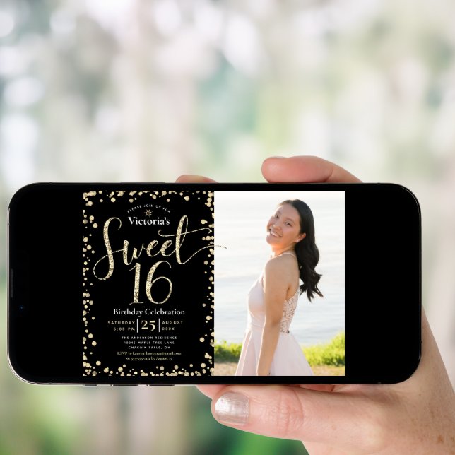 Photo Sweet 16 Modern Gold Black Glitter Birthday Invitation (Front Digital)