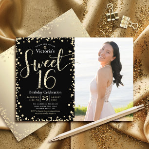 Photo Sweet 16 Modern Gold Black Glitter Birthday Invitation