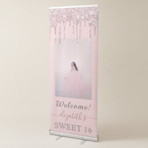 Photo Sweet 16 party rose gold pink glitter drips Retractable Banner