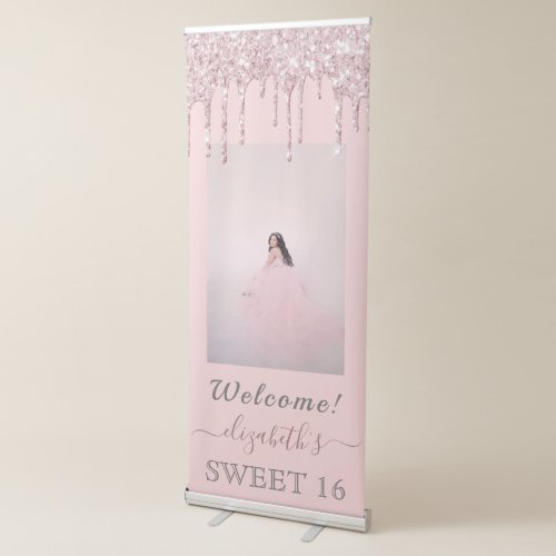 Photo Sweet 16 party rose gold pink glitter drips Retractable Banner