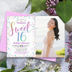 Photo Sweet 16 Rainbow Glitter Confetti Birthday Invitation