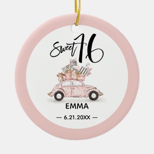 Photo Sweet 16 Rose Pink Watercolor Name Ceramic Ornament