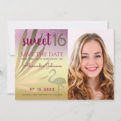 Photo Sweet 16 Tropical Palm Tree Pink and Gold Save The Date
