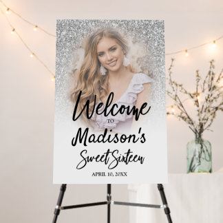Photo Sweet 16 Welcome Sign White Silver Glitter