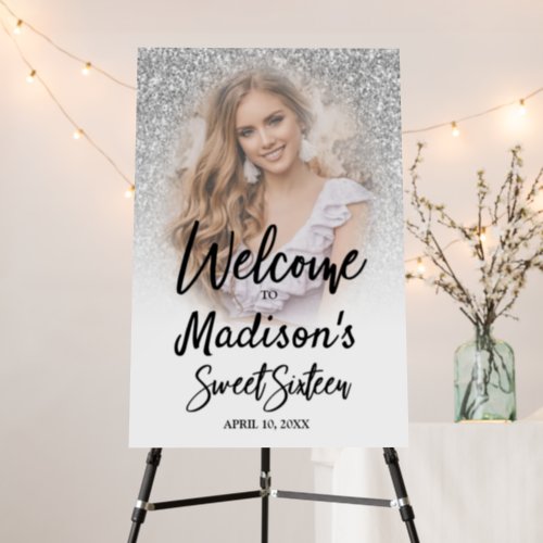 Photo Sweet 16 Welcome Sign White Silver Glitter 