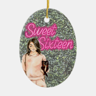 PHOTO Sweet Sixteen Neon Sign Foliage Christmas Ceramic Ornament