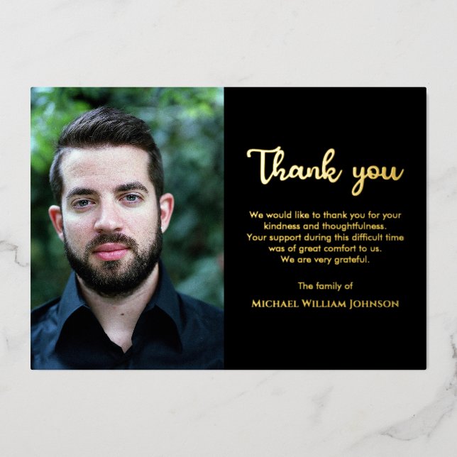 Photo Sympathy Bereavement Funeral Black Gold Foil Invitation (Front)