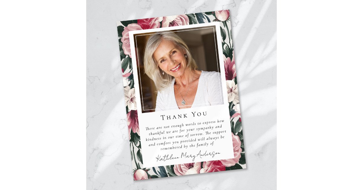 Photo Sympathy Floral Funeral Memorial Thank You Card | Zazzle