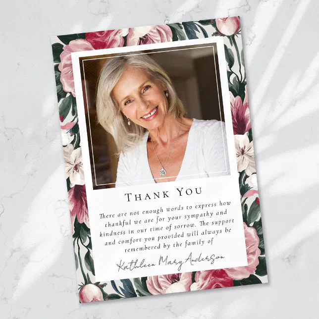 Photo Sympathy Floral Funeral Memorial Thank You Card | Zazzle