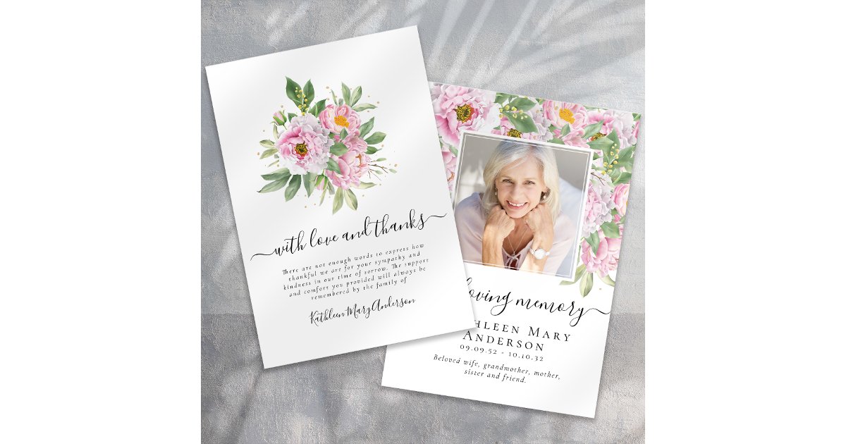 Photo Sympathy Floral Funeral Thank You Card | Zazzle