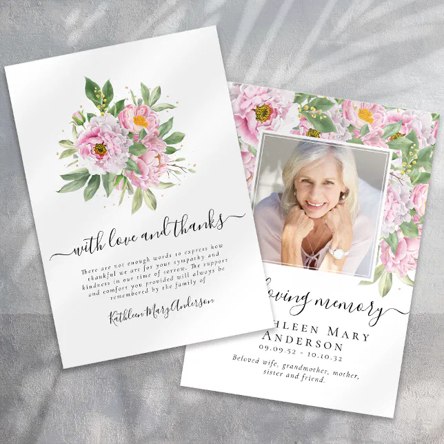 Photo Sympathy Floral Funeral Thank You Card | Zazzle