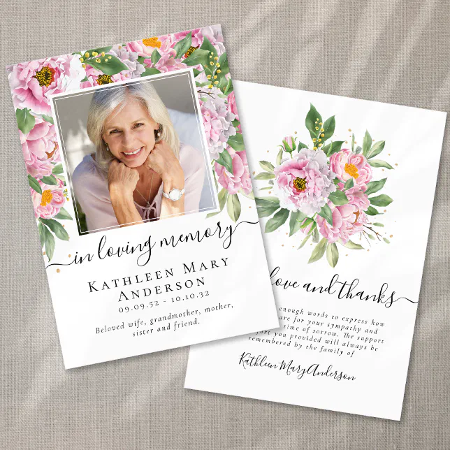 Photo Sympathy Floral Funeral Thank You Note Card | Zazzle