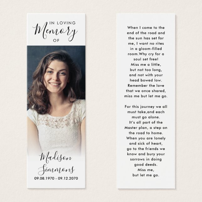 Photo Sympathy Funeral Memorial Poem Bookmark (Front & Back)