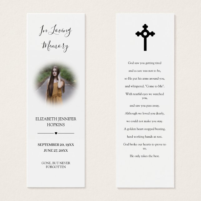 Photo Sympathy Funeral Memorial Poem Bookmark Card (Front & Back)