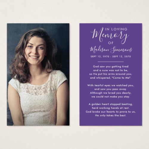 Photo Sympathy Funeral Memorial Purple Prayer Card