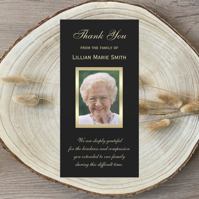 Photo Sympathy Memorial Funeral Black Gold Thank You Card (Creator Uploaded)