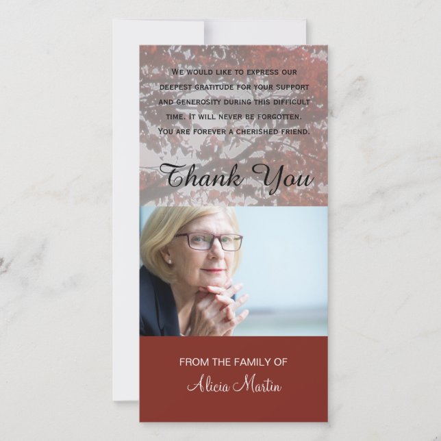 Photo Sympathy Memorial Thank You Red Autumn Tree (Front)