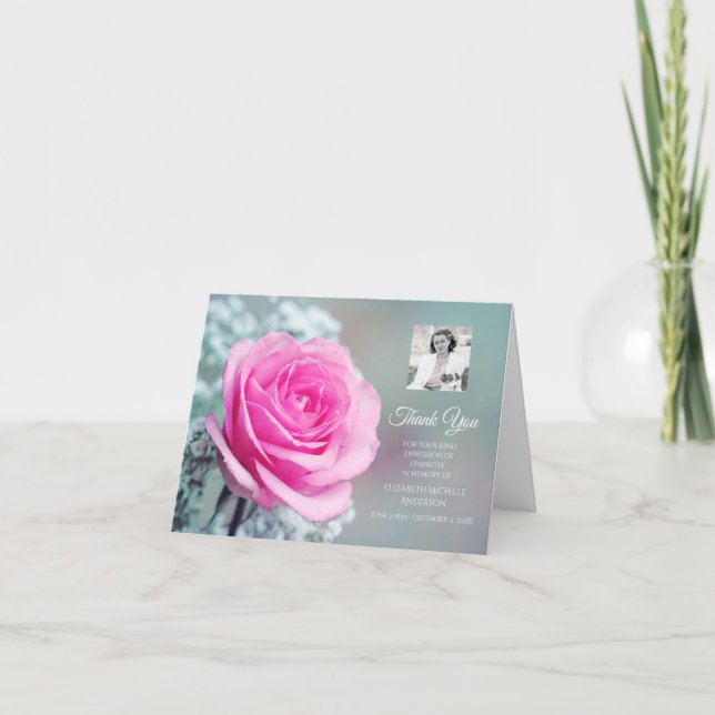 Photo Sympathy Thank You Elegant Pink Rose Card (Front)