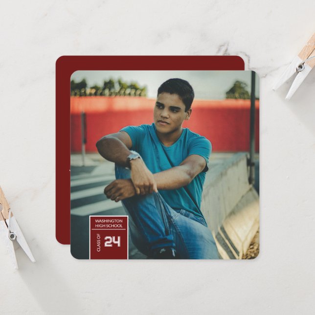 Photo Tab Graduation Maroon Party Invitation Card (Front/Back In Situ)