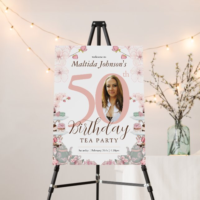 Photo Tea Party 50th Birthday Welcome Foam Board (In Situ (Stand))