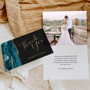 Photo Teal Agate Gold Dark Wedding Thank You Card