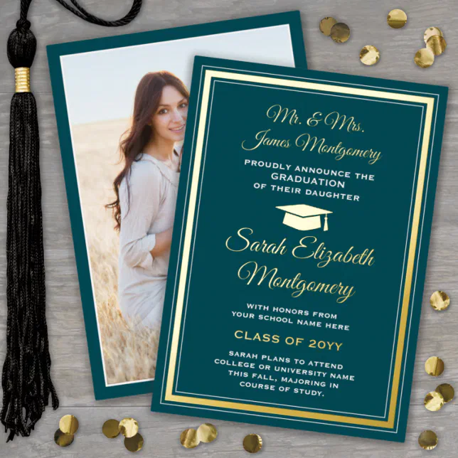 Photo Teal and Gold Foil Graduation Announcement | Zazzle