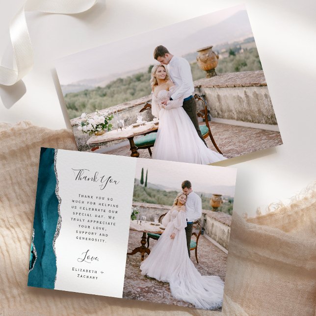 Photo Teal Blue Agate Silver Script Wedding Thank You Card (Creator Uploaded)