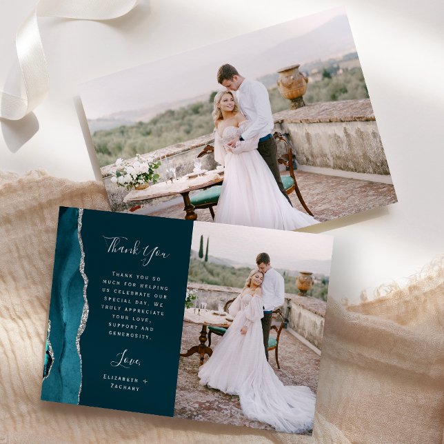 Photo Teal Blue Agate Silver Script Wedding Thank You Card (Creator Uploaded)