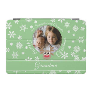 Photo Teal Christmas White Script Cute Reindeer iPad Mini Cover