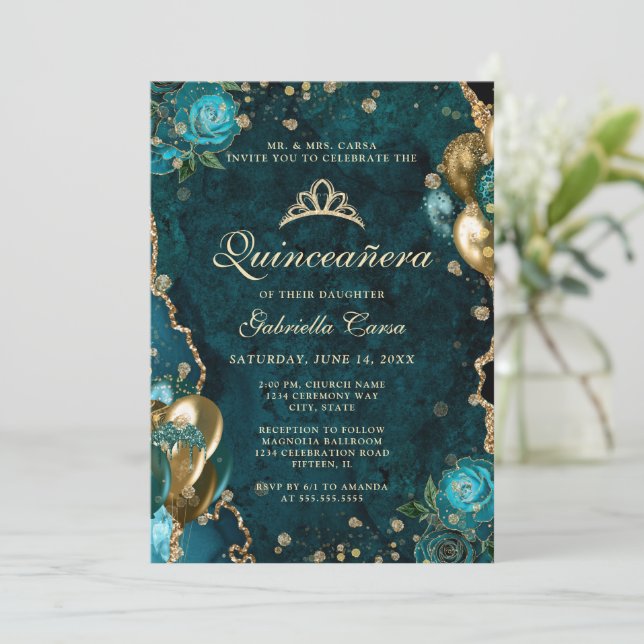 Photo Teal Gold Floral Agate Quinceanera  Invitation (Standing Front)
