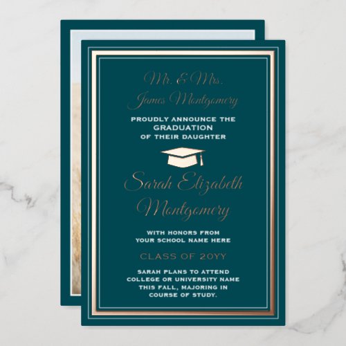 Photo Teal Rose Gold Foil Graduation Announcement - Share the joy of a high school or college graduation with elegant custom photo teal, white and rose gold foil announcements. (IMAGE PLACEMENT TIP: An easy way to center a picture exactly how you want is to crop it before uploading to the Zazzle website.) This formal style template includes parents' and graduate's names, as well as any wording of your choice, such as party invitation details, special honors, degree title, favorite inspirational quote, graduate's contact info, future education plans, or new job position. All text is simple to personalize. Front of design is printed with real metallic foil on a purple background. It features a rose gold border & mortar board cap, elegant script calligraphy, traditional typography, and one photo of your choice, such as a senior picture or image from the commencement ceremony. These graduation announcement cards are a modern and trendy way to share your special day celebration with family and friends. Congratulations to the graduate!